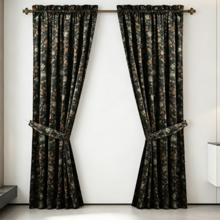 Black Velvet Blackout Curtains – 90 inches, two-piece set, vintage print, suitable for luxury bedrooms/offices/dining rooms