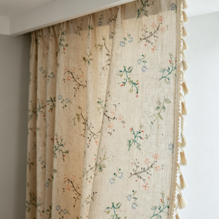 Bohemian Semi-Sheer Curtains – 84 inches, two-piece set, cotton-linen blend, beige rod bag, with tassels, suitable for bedrooms