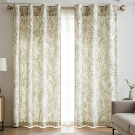Green Linen Printed Curtains – 84 inches, two-piece set, rod bag + tie, semi-sheer, country vintage style, beige base