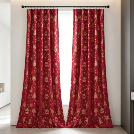 Red Christmas Theme Curtains – 96 inches, two-piece set, velvet foil print, Christmas tree bell pattern, suitable for parties/bedrooms/dining rooms